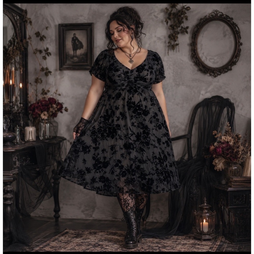 Baltic Born Mera Velvet Midi Dress Women 2XL Black Burnout Floral Witchy Smocked